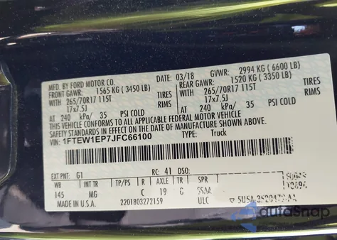 2018 Ford F-150 Xlt из США, поврежденный, VIN 1FTEW1EP7JFC66100